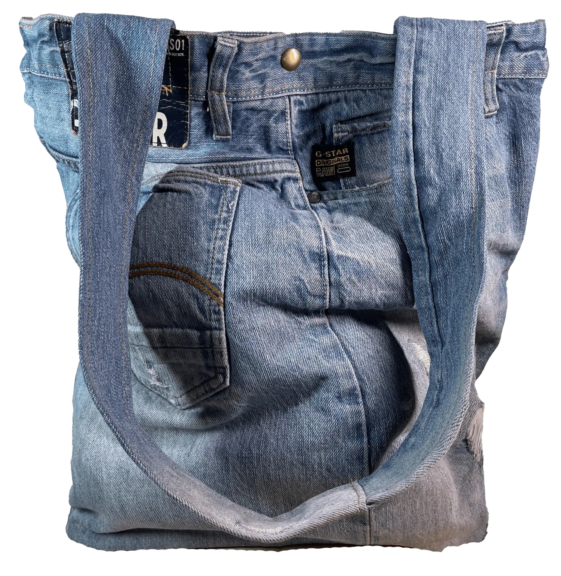 Front shot of the blue denim upcycled tote bag showing the waistband belt loops and brass button
