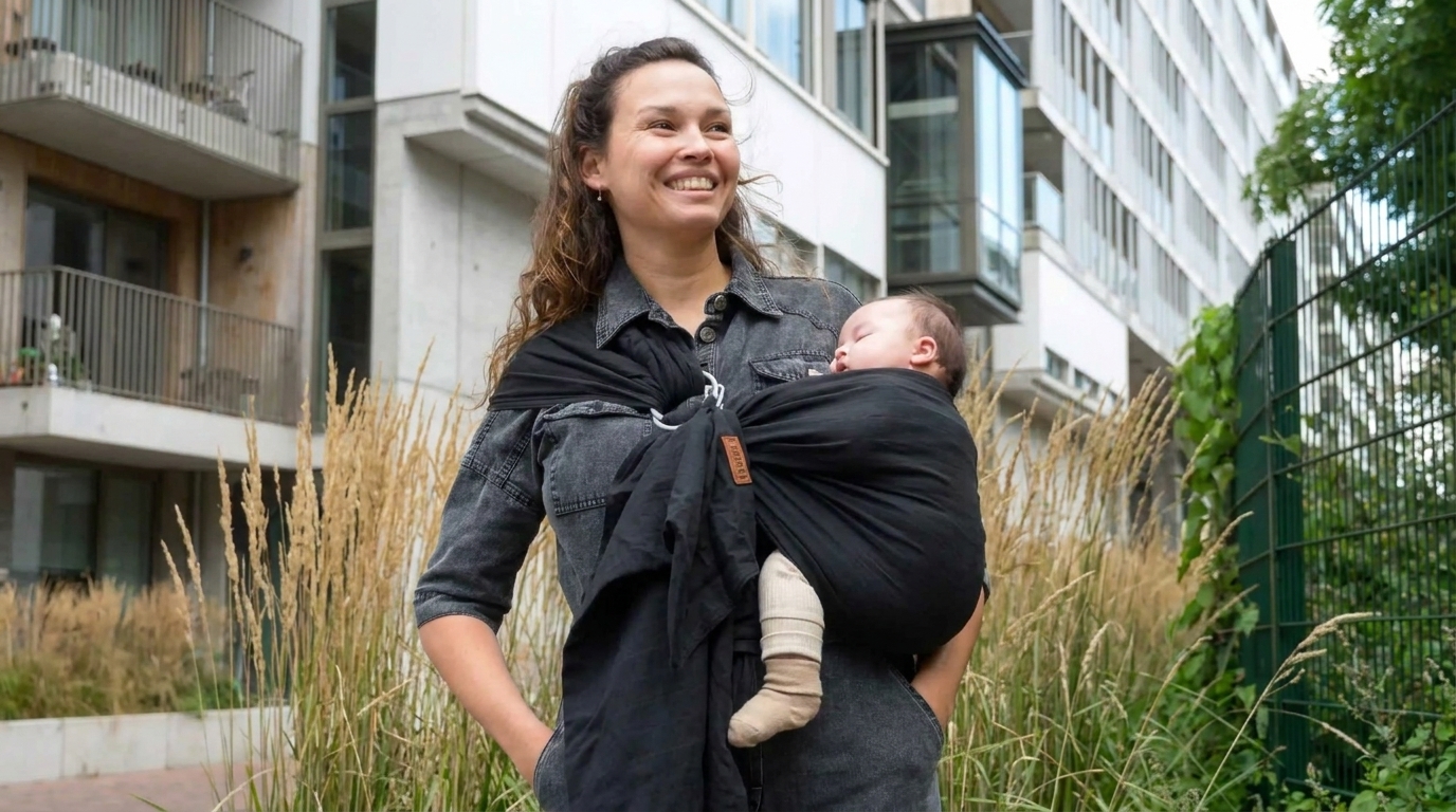 Black ring sling used for a short urban outing Parent carrying a sleeping baby in a black ring sling on an urban path